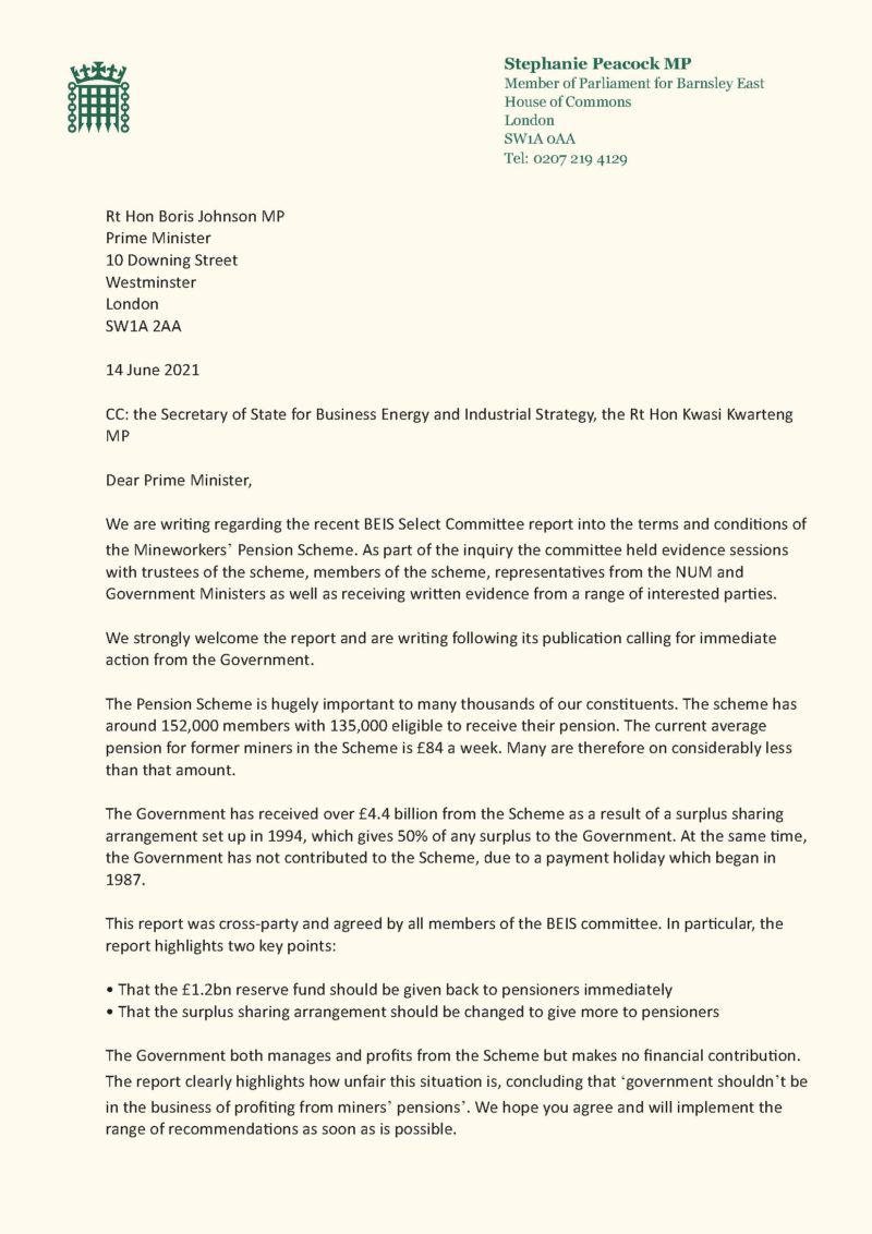 June 2021 letter regarding Miners